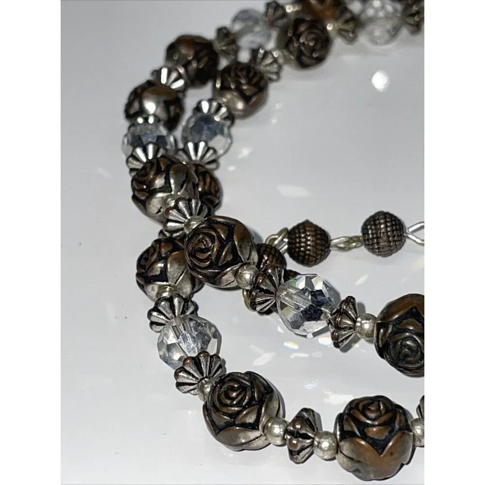 Vintage Brass Rose Pendant Necklace With Plastic Beaded Roses Filigree Stunning!